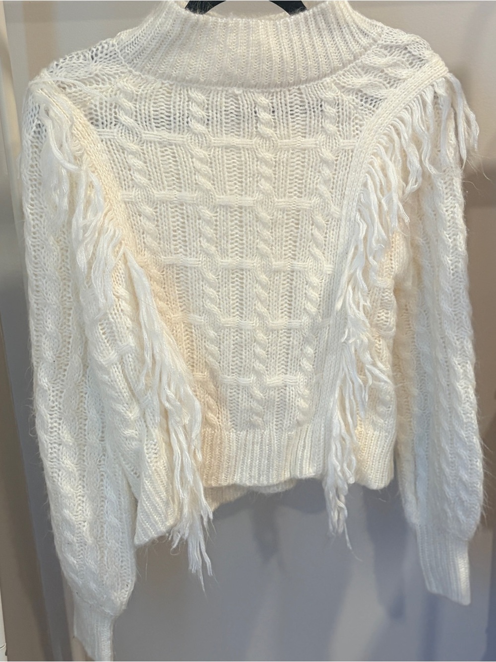 Altar'd State Cream Cable-Knit Fringe Scoop Sweater